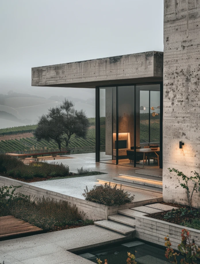 Maison moderne en béton, vue sur vignobles brumeux, terrasse et piscine intégrée, éclairage doux.