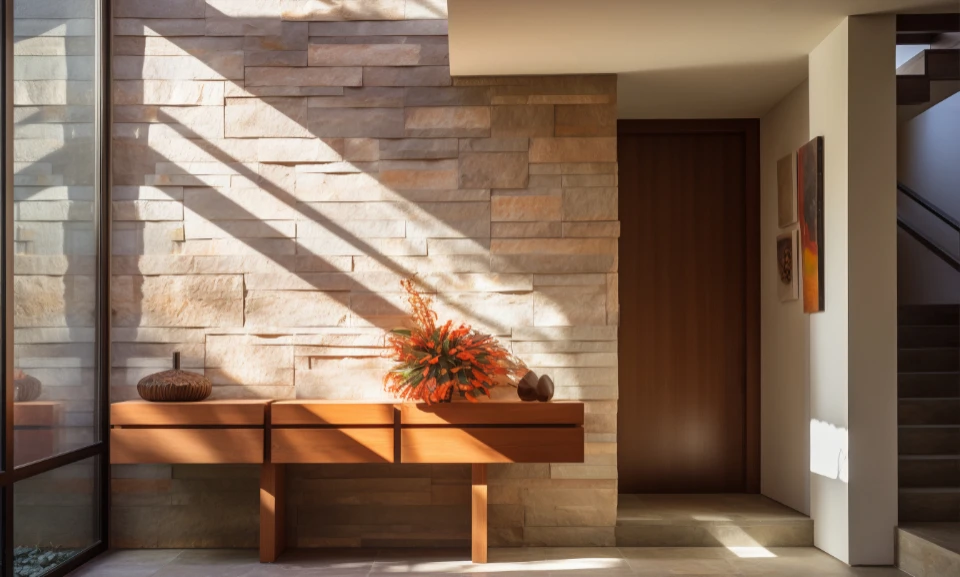 Entrée moderne avec console en bois, mur de pierre texturée, lumière naturelle zébrée et escalier discret à droite.