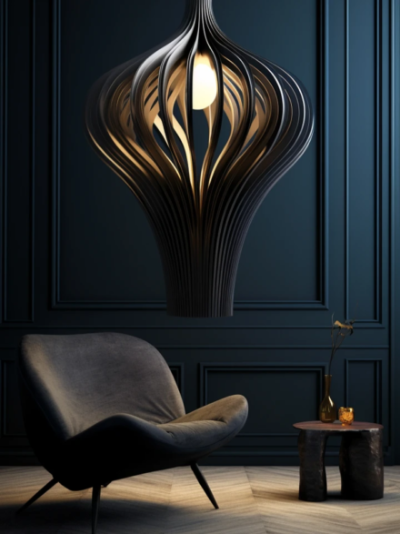 Lampe suspendue sculpturale, fauteuil gris foncé, table basse rustique et mur bleu nuit à moulures.