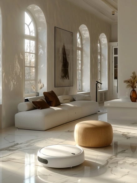 Salon lumineux aux arches, canapé blanc, pouf beige et robot aspirateur sur marbre.