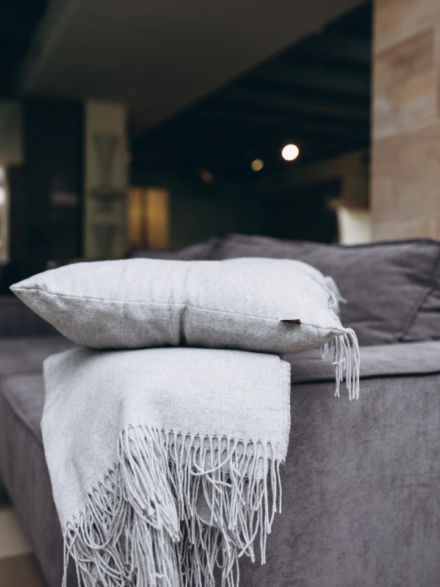 Canapé gris avec coussin et plaid à franges, ambiance douce et moderne en intérieur épuré.