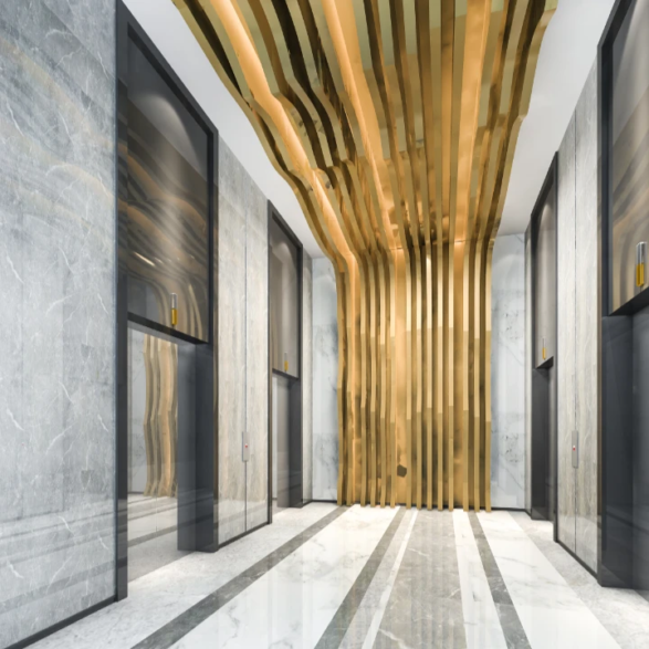 Couloir luxueux avec murs en marbre, ascenseurs noirs et structure dorée ondulante au plafond et au sol.