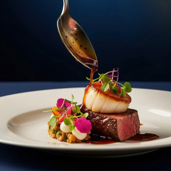 Un chef verse une sauce sur un plat gastronomique : bœuf saignant, coquille Saint-Jacques dorée et garniture colorée.