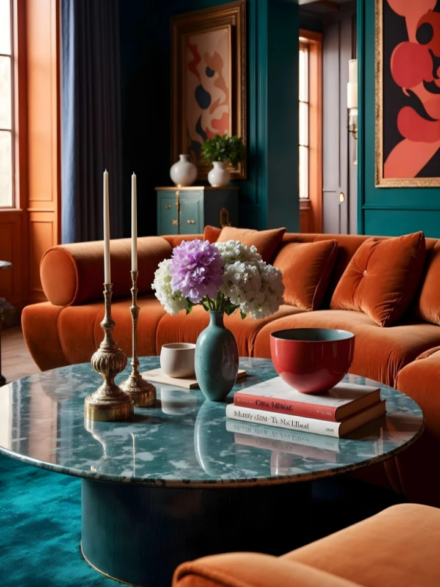 Salon élégant : canapé orange velours, table basse marbre vert, bougeoirs dorés, fleurs fraîches et livres. Murs bleu profond, art abstrait aux tons chauds. Ambiance raffinée et colorée.