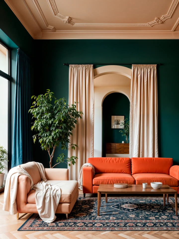 Salon chic : canapé orange, fauteuil pêche, murs vert émeraude, rideaux crème, tapis oriental. Plafond mouluré, arche décorative, plante verte. Lumière naturelle, ambiance chaleureuse et raffinée.