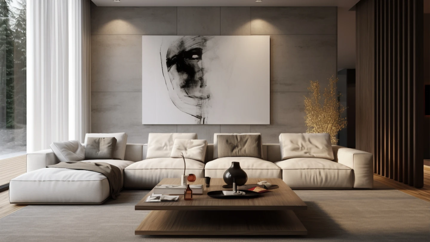 Salon contemporain : canapé blanc modulaire, table basse bois, grand tableau abstrait noir et blanc. Murs en béton ciré, rideaux blancs, plante dorée. Lumière douce, design épuré et sophistiqué.