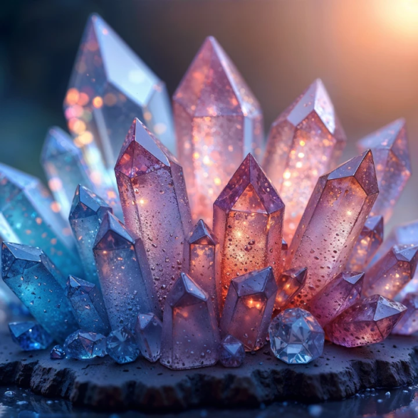 Cristaux translucides aux reflets bleus et roses, parsemés de gouttelettes, sur fond lumineux.
