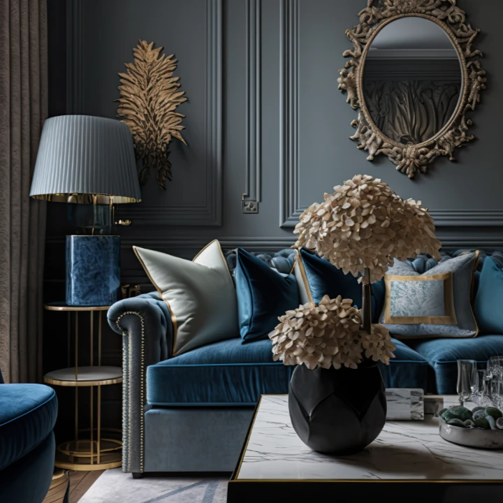 Salon luxueux aux murs gris, canapé velours bleu, miroir doré et lampe élégante. Décoration raffinée avec fleurs séchées et détails métalliques.