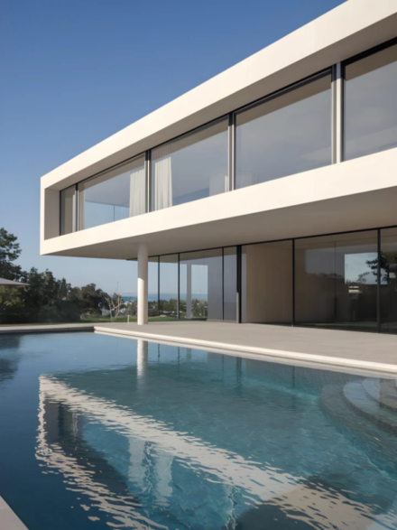 Villa moderne blanche, lignes épurées, grandes baies vitrées, piscine à débordement reflétant le ciel bleu.