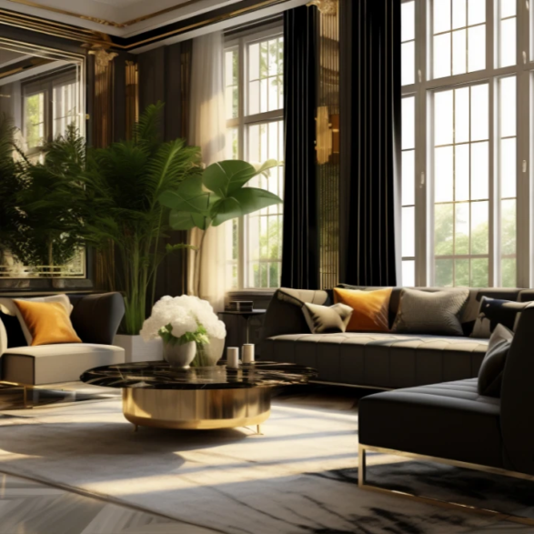 Salon luxueux avec canapés gris, coussins dorés, table basse ronde dorée, plantes vertes et grandes fenêtres baignant la pièce de lumière naturelle.