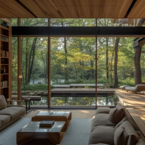 Salon zen avec vue panoramique sur forêt et plan d'eau à travers d'immenses baies vitrées.