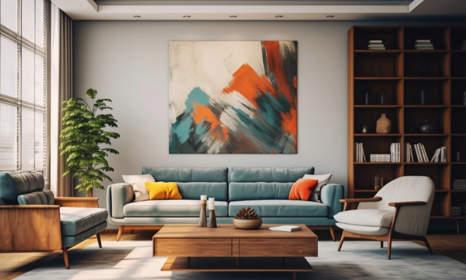 Salon chic : canapé bleu, tableau abstrait coloré, bibliothèque en bois et mobilier scandinave.