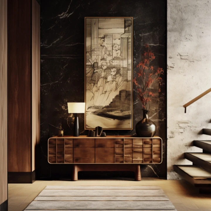 Entrée élégante : buffet en bois, tableau d'art, mur en marbre noir et escalier design.