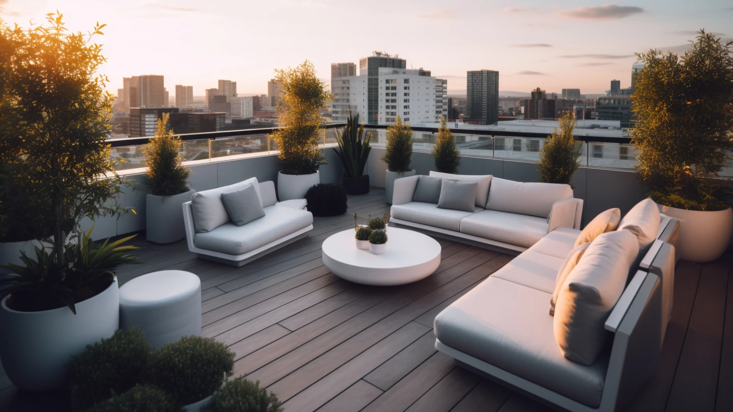 Toit-terrasse moderne au coucher du soleil avec canapés blancs, plantes et vue urbaine.