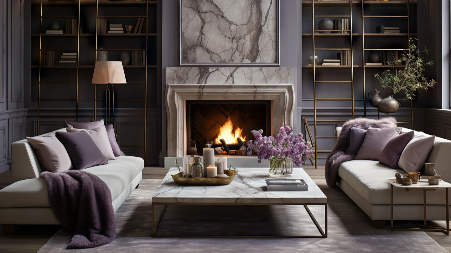 Salon de luxe avec cheminée en marbre, canapés élégants et ambiance feutrée violette.