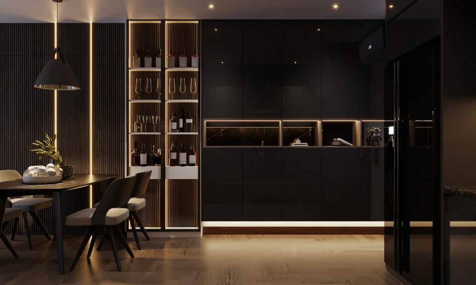 Cuisine moderne noire minimaliste, étagères rétroéclairées et salle à manger élégante.