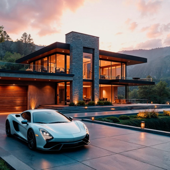 Villa contemporaine en montagne, voiture de sport blanche et ciel au crépuscule.